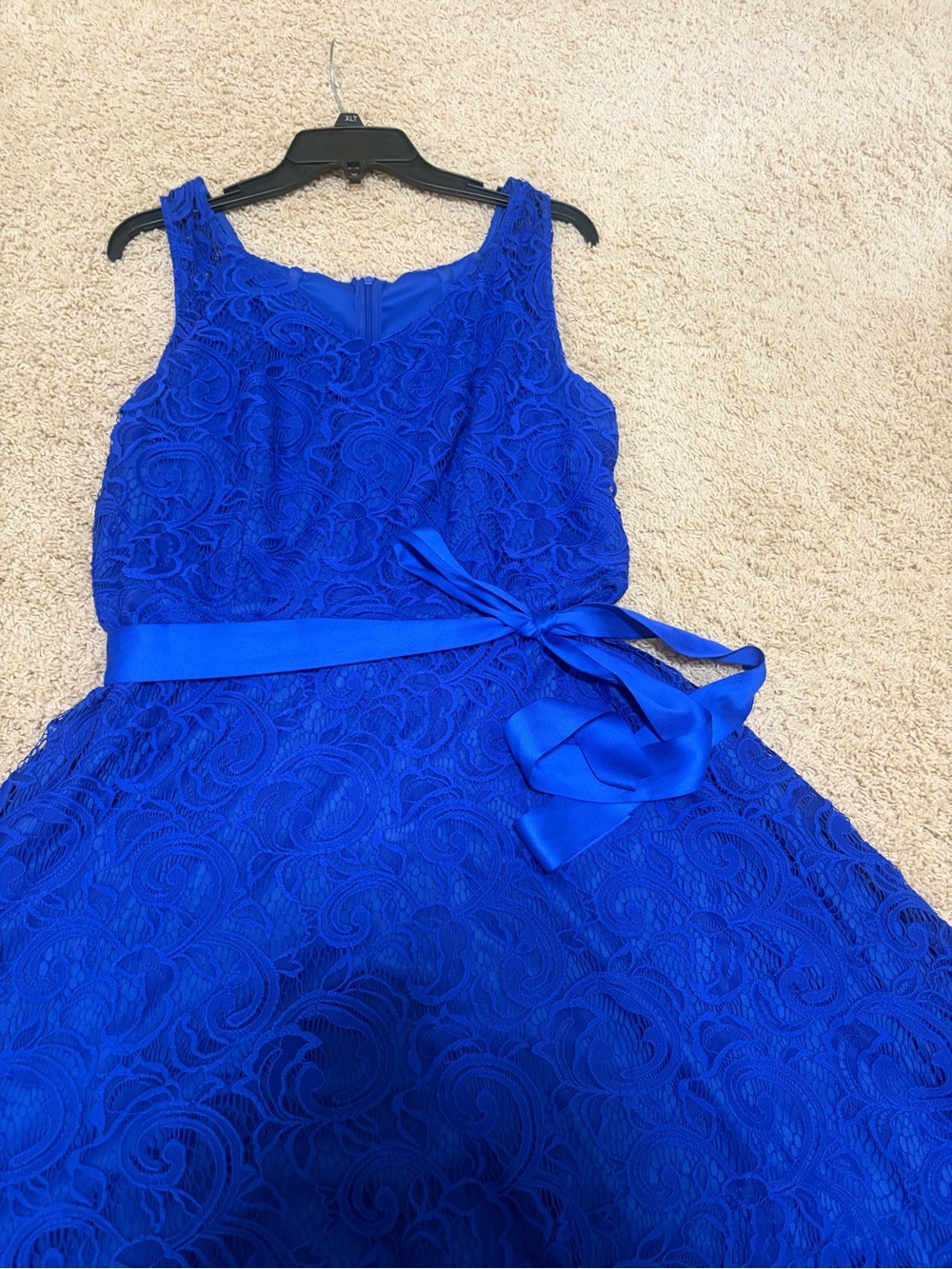 Royal Blue Lace A-Line Dress with Waist Tie - Picture 2 of 11